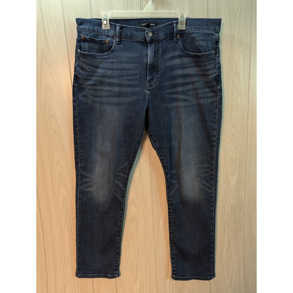 Lucky Brand 410 Athletic Straight Jeans Mens 36x30 Blue Dark Wash Stretch Flaw